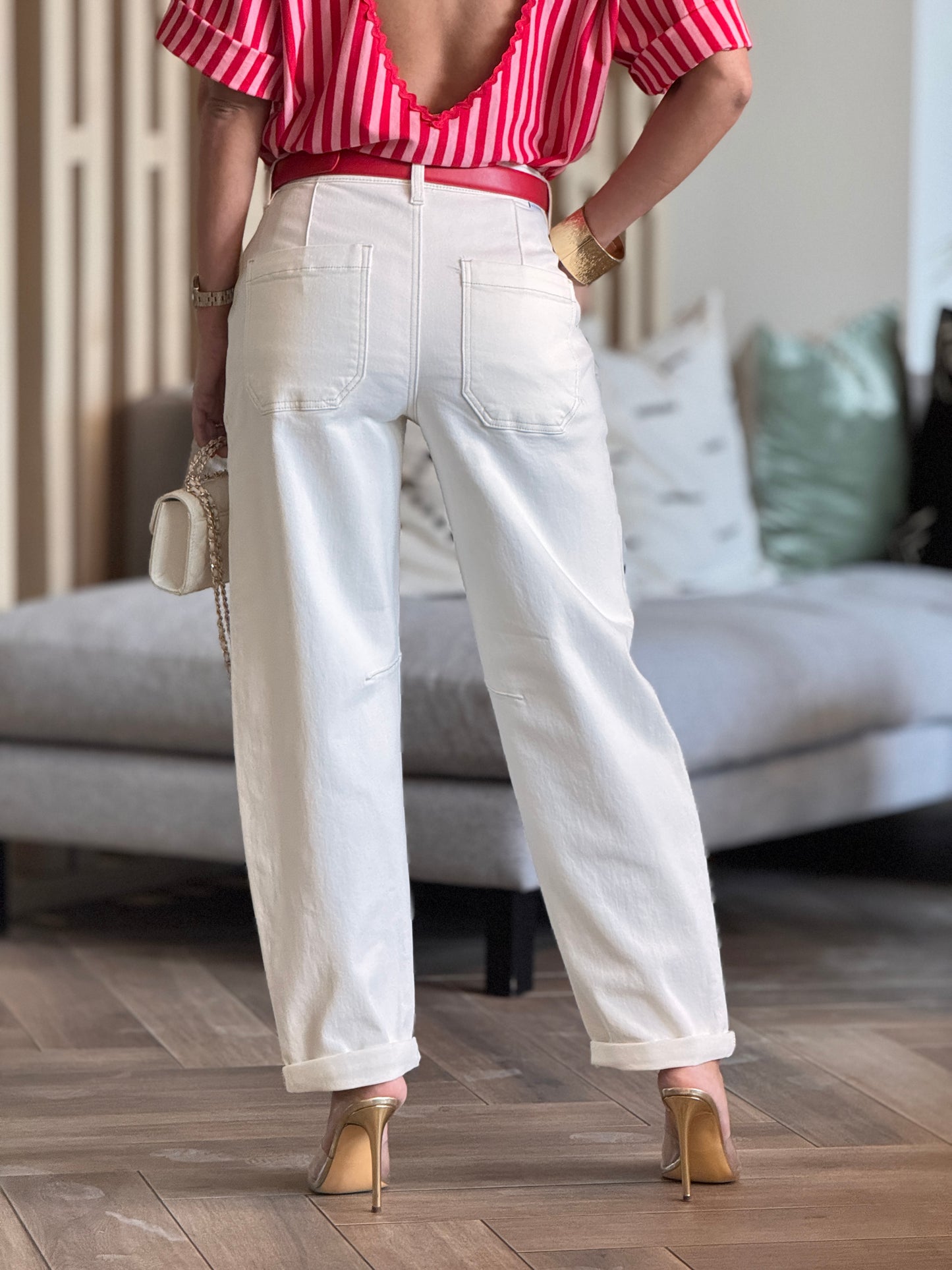 Risen Ivory Stitches Barrel Jeans