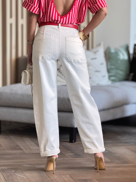 Risen Ivory Stitches Barrel Jeans