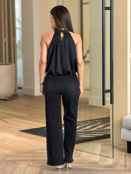 Amable Black Satin Bubble Top