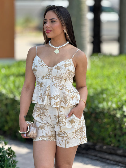Akira Beige Print Short Set