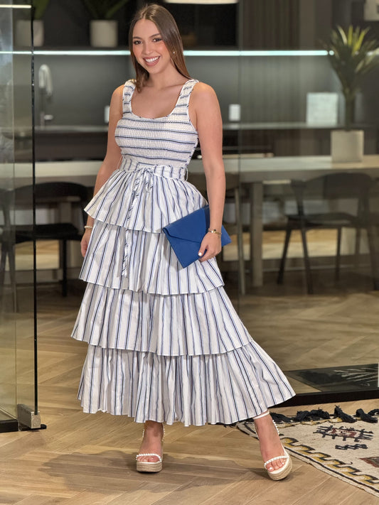 Amable White/Blue Lines Layers Dress