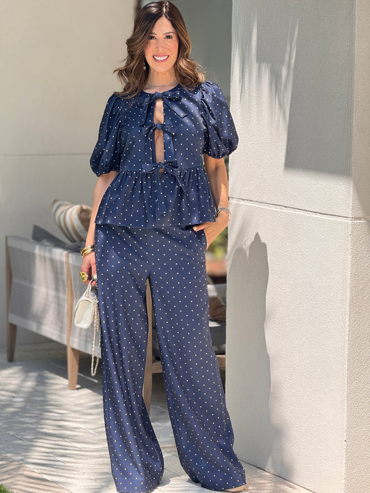 English Navy Polka Dots Bow Set
