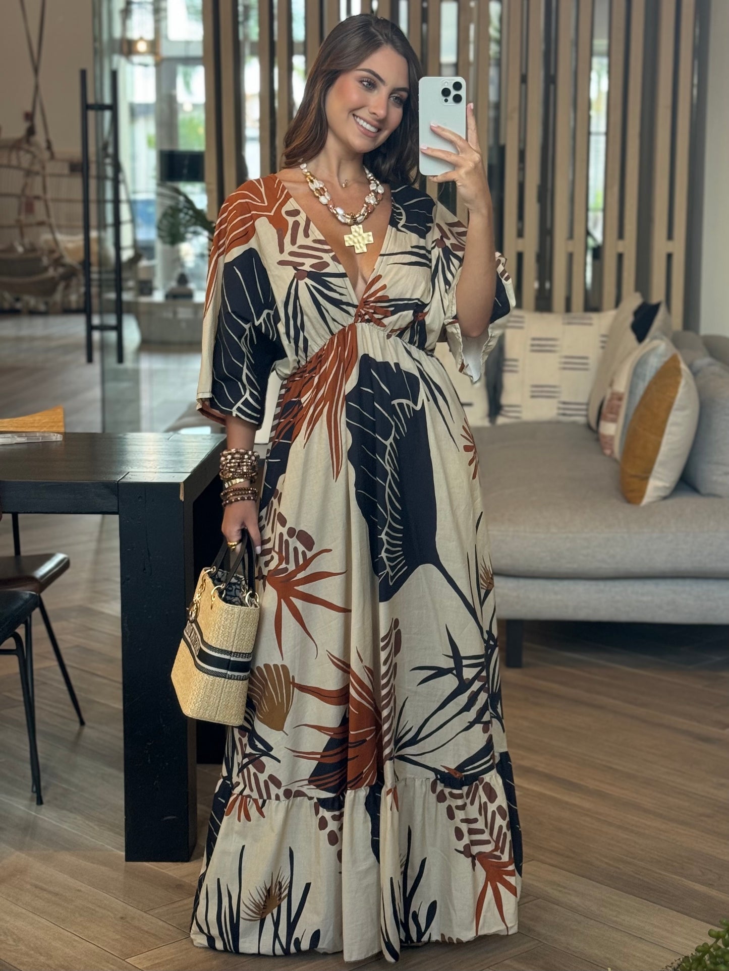 Mariana Beige Print Maxi Dress