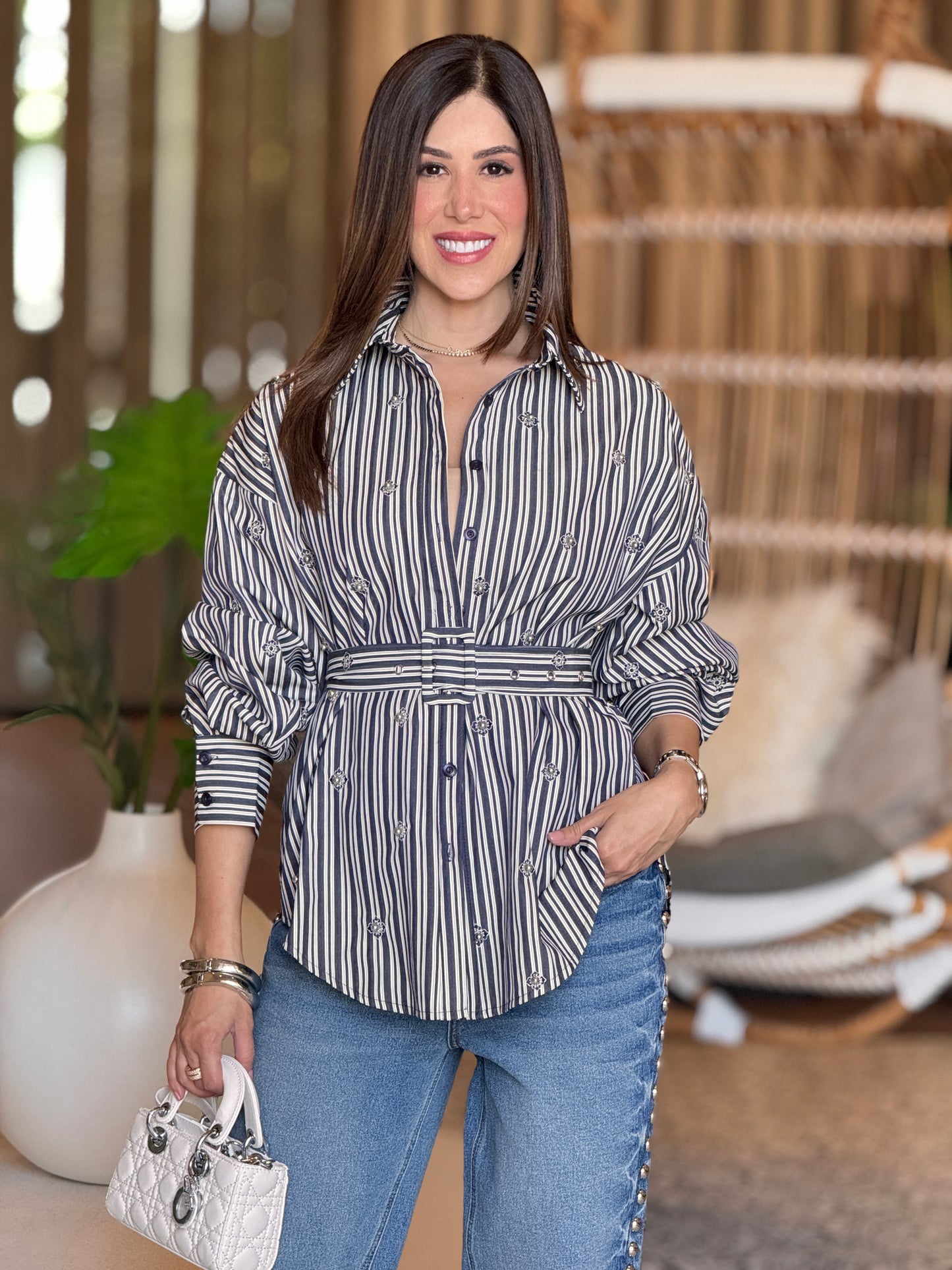 Tennie Navy/White Lines Rhinestone Top