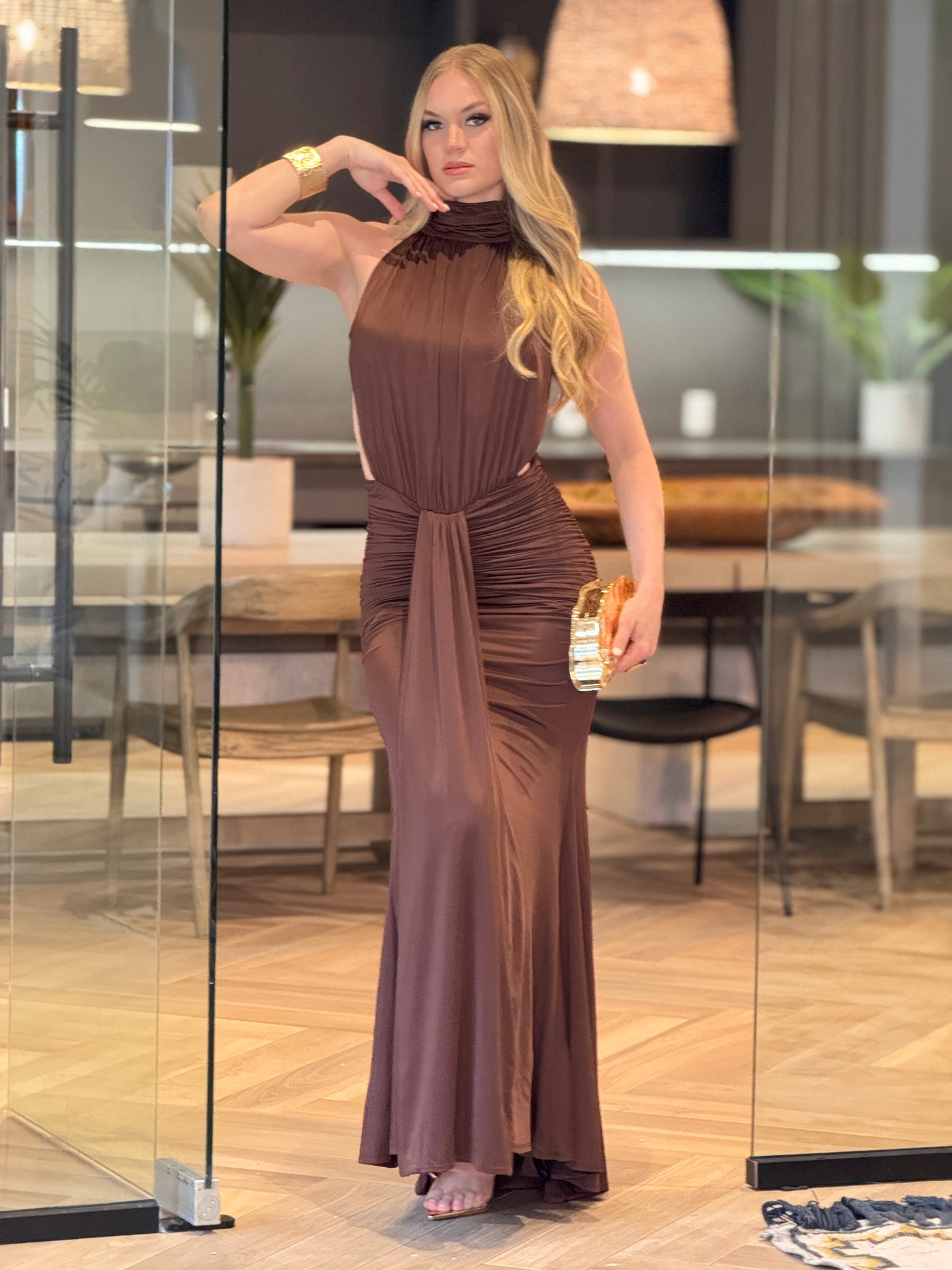 Diosa Brown Drapped Dress Gala
