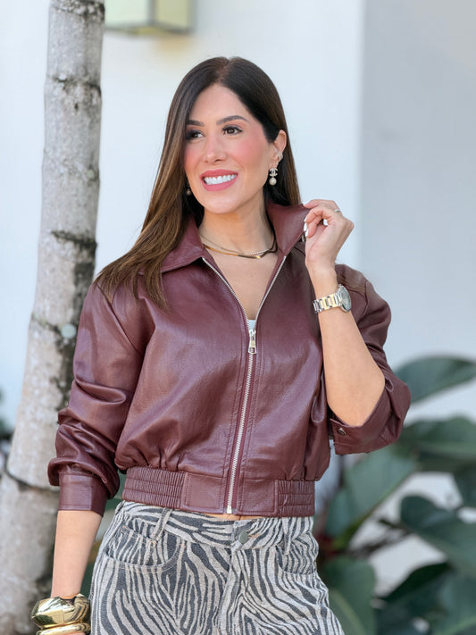 26367 Muy Burgundy Leather Jacket Top