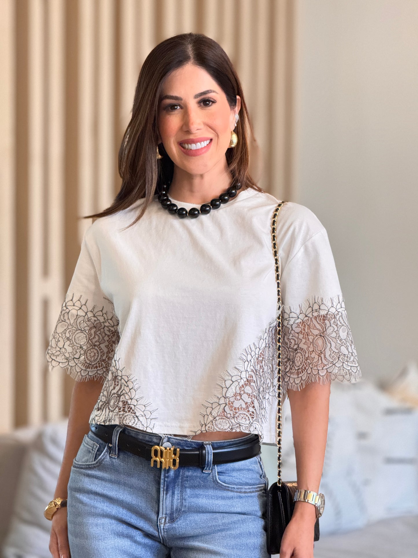 Fifty White/Black Embroidery Floral T-Shirt