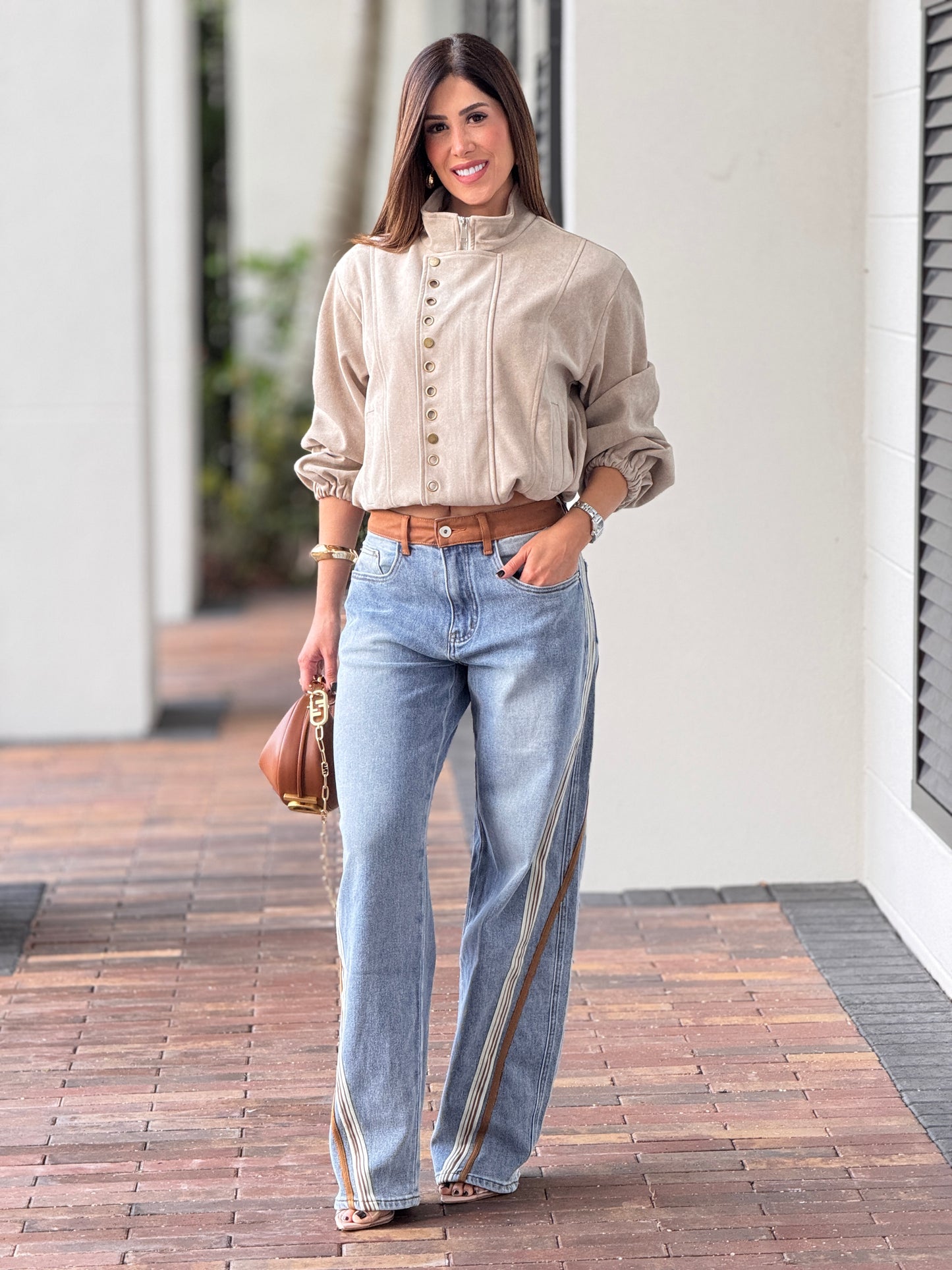 Linzy Beige Suede Rings Jacket Top