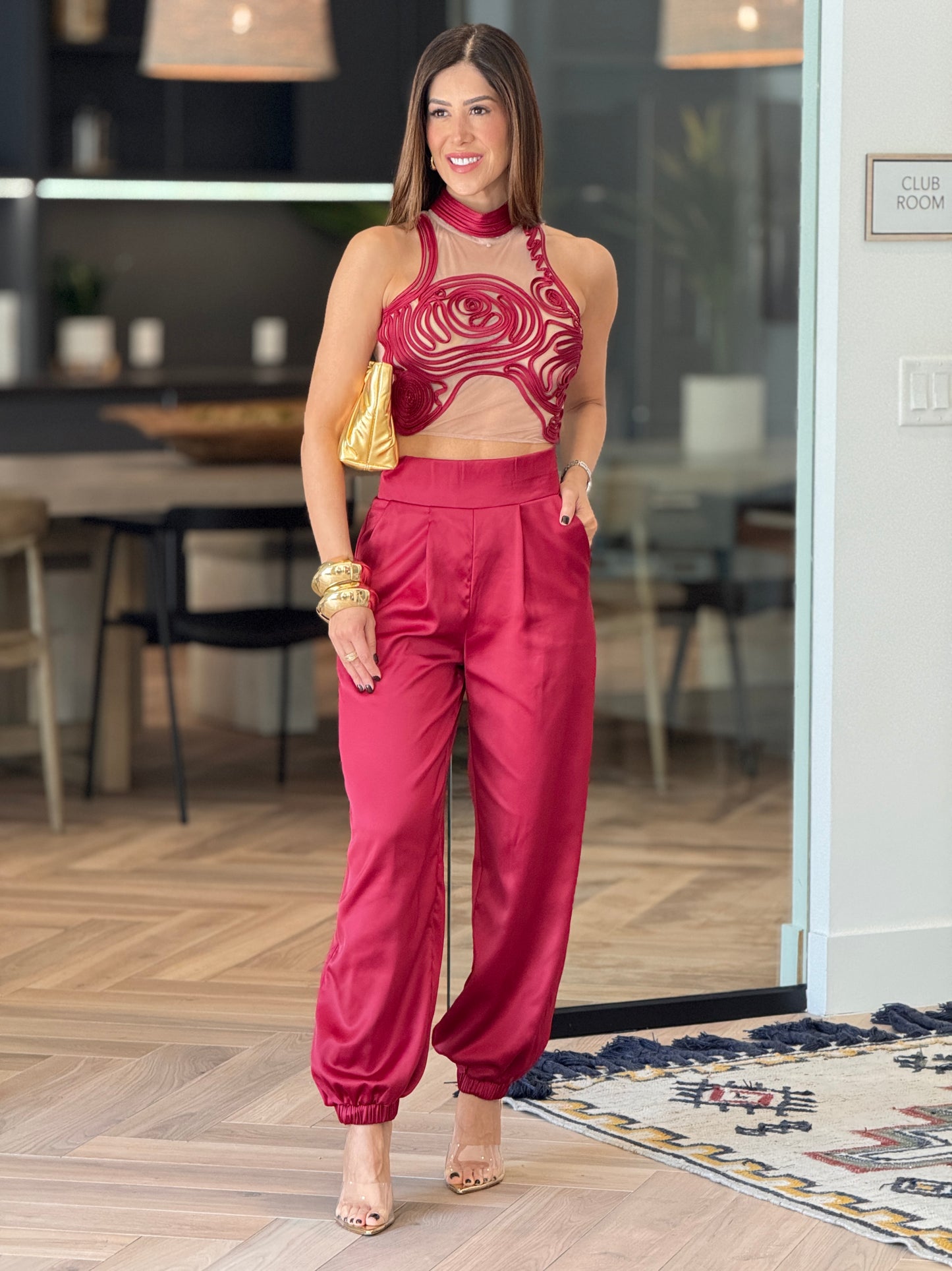 Chic Burgundy Mesh Satin Aladdin Set