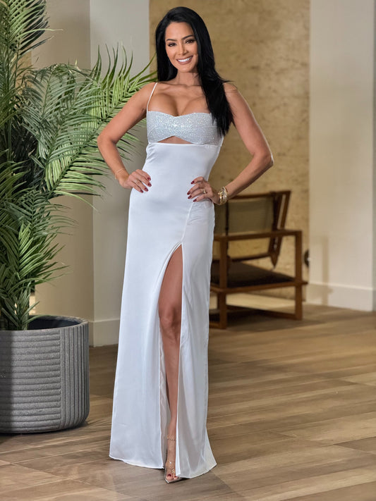 Norkys White Rhinestone Satin Dress Gala