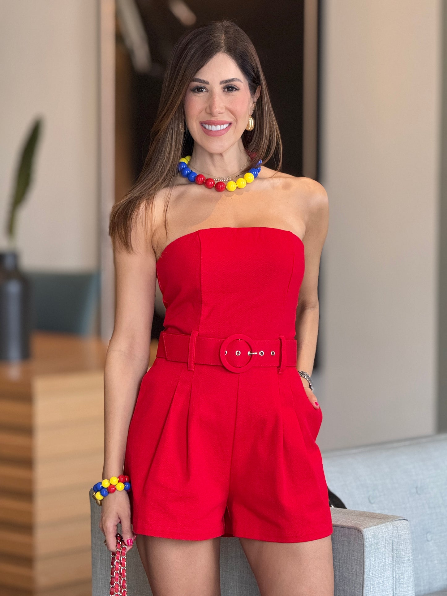Olivia Red Belt Romper Jumpsuit