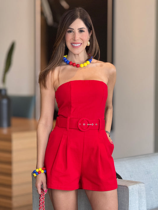 Olivia Red Belt Romper Jumpsuit
