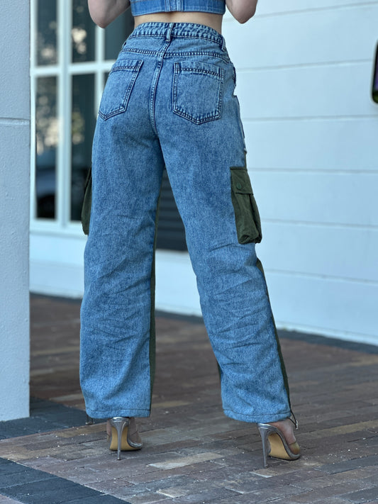 Leslie Denim/Green Cargo Pants