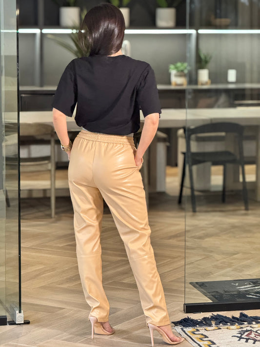 Balbina Beige Leather Waistband Pants