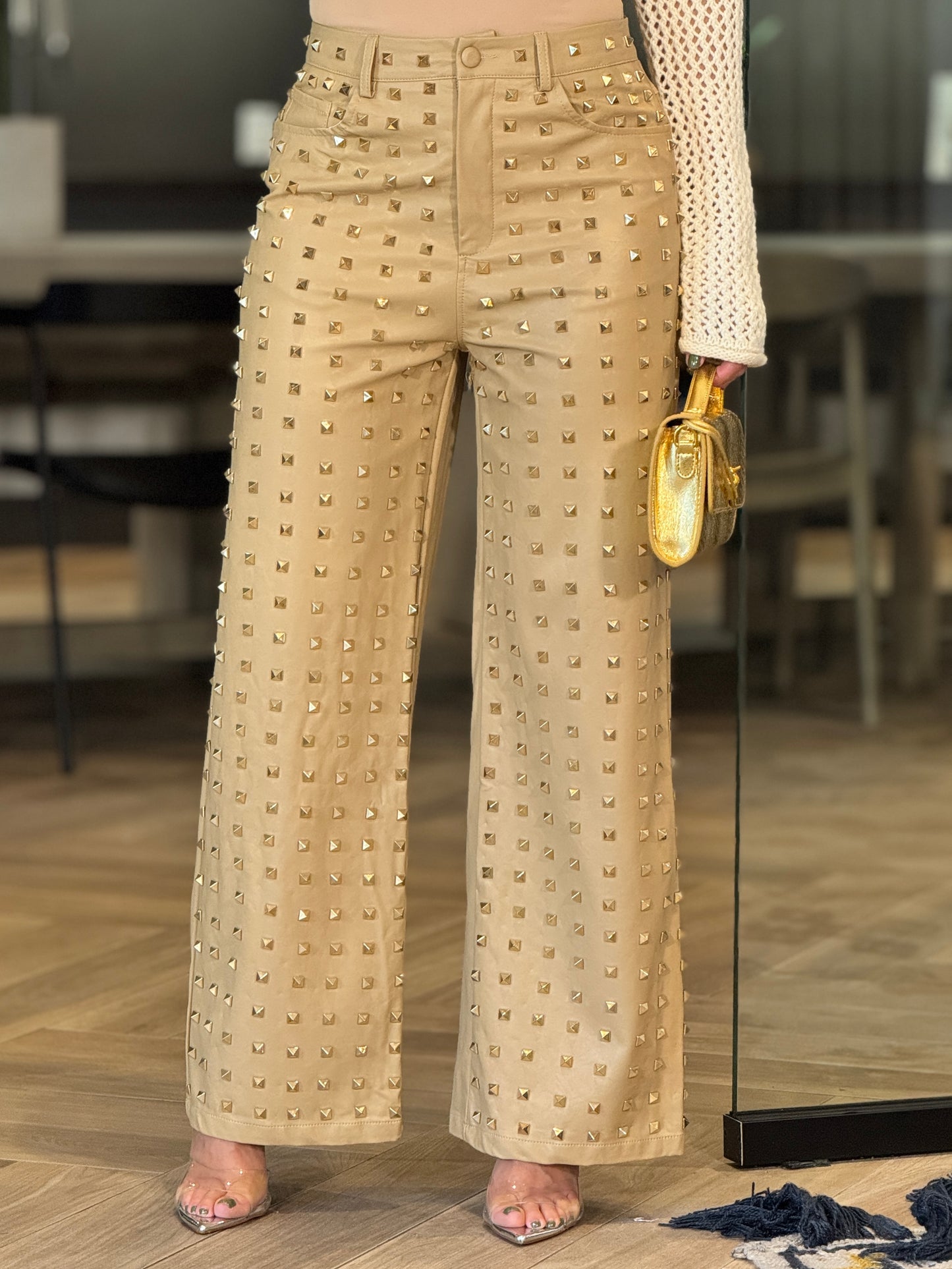 Spike Beige Leather Pants