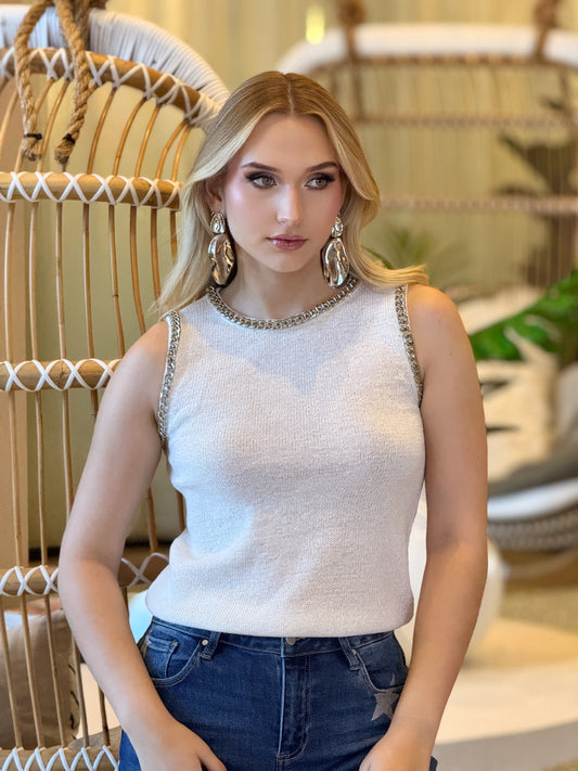 Fifty White Silver Chain Knitted Top