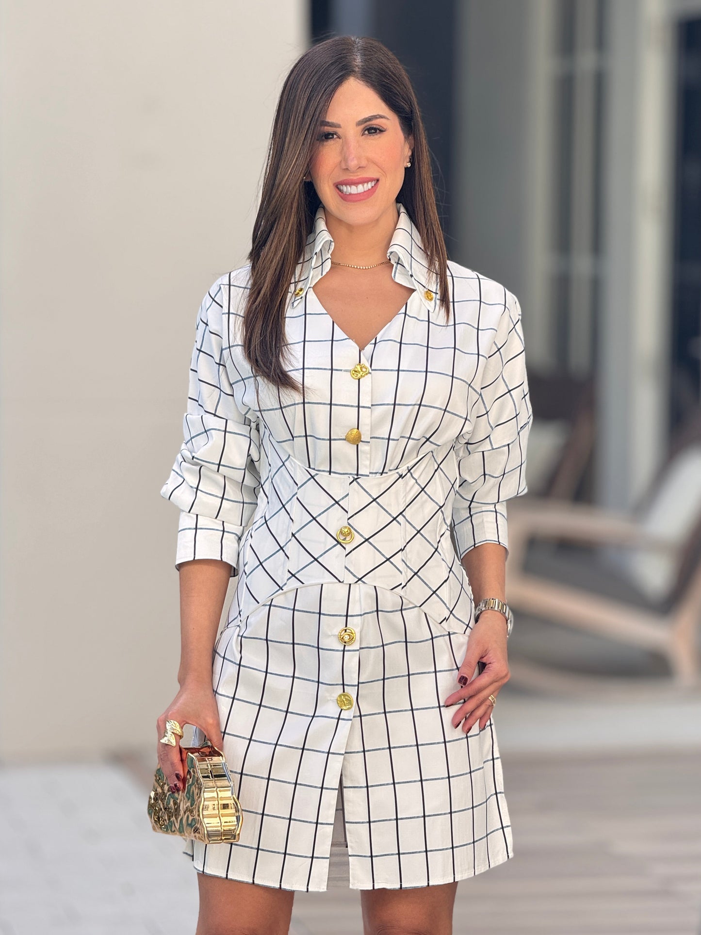 Perky White/Blue Plaid Dress