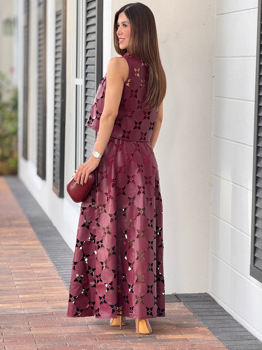 Chic Burgundy Leather Cutout Skirt Set