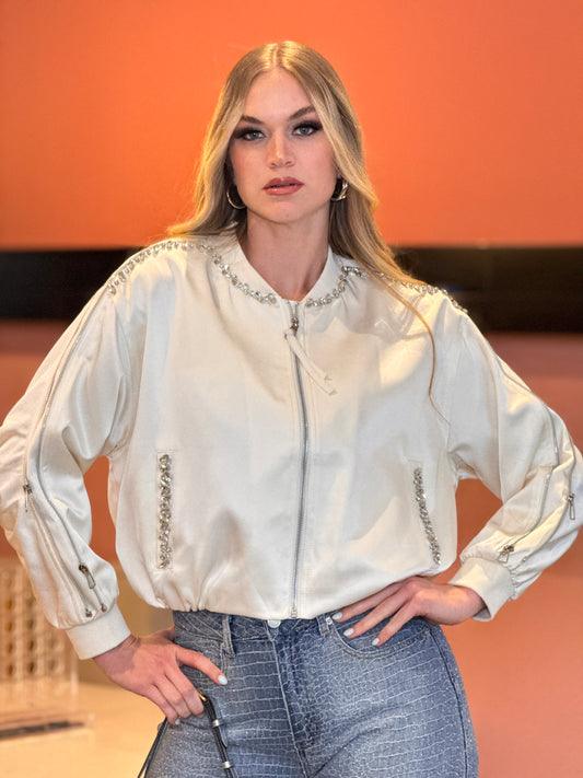 Justy Ivory Satin Rhinestone Jacket Top