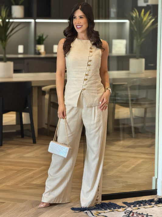 Cactus Beige Buttons Vest Set