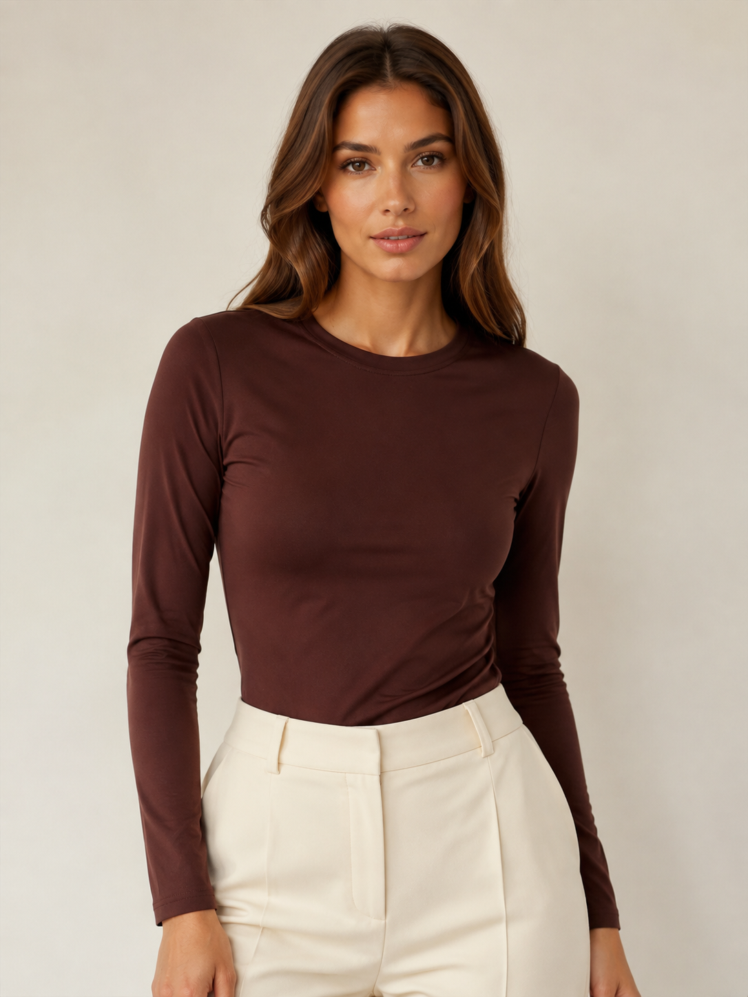 Liz Brown Round Neck Basic Tee Top