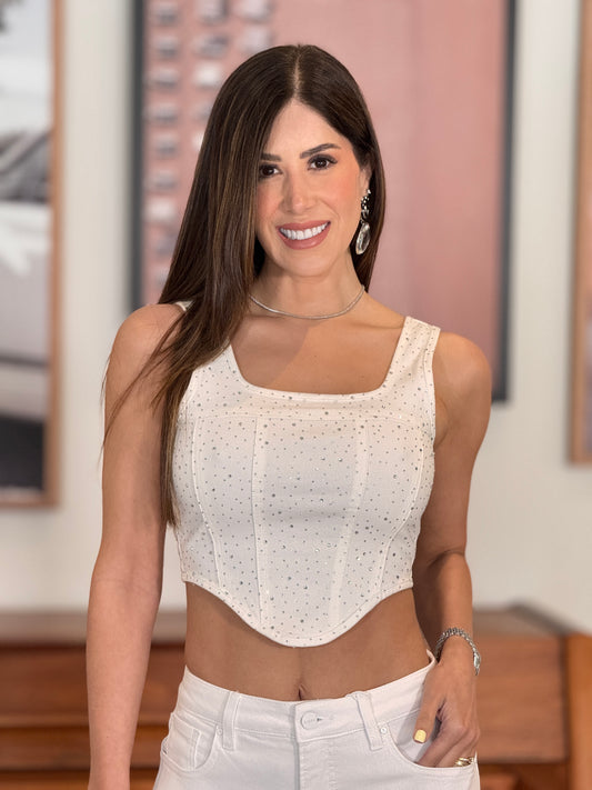 Balbina White Denim Bustier Rhinestone Top