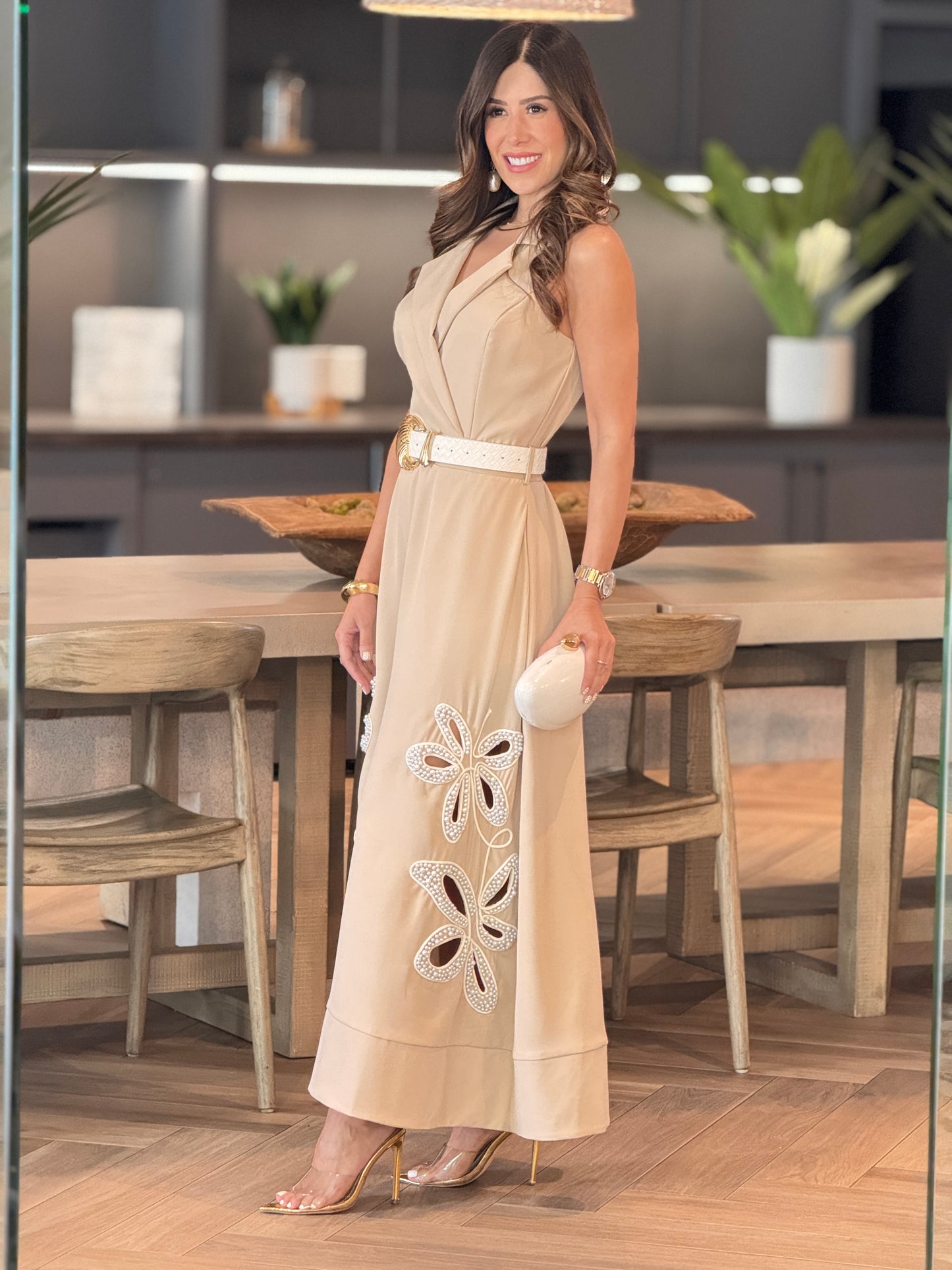 Chic Beige/Pearls Embellishment Dress