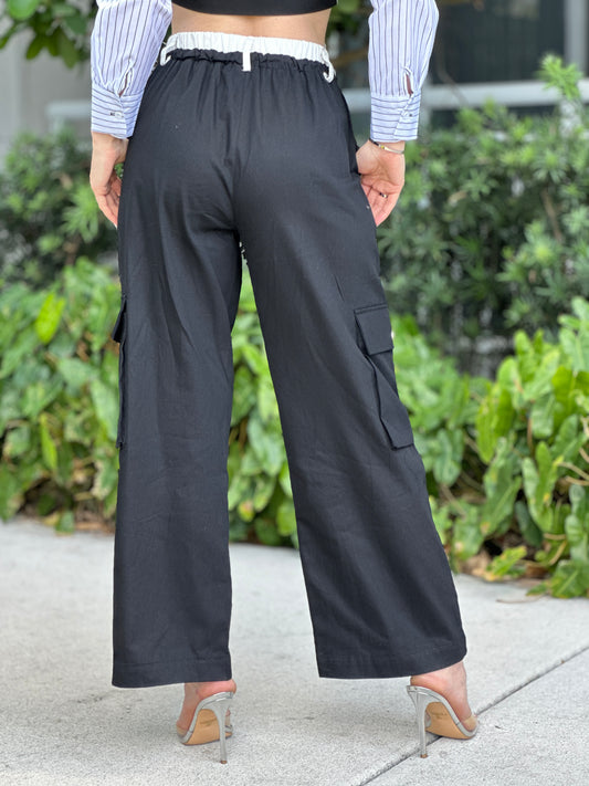 Ingrid Waistband Black Cargo Pants