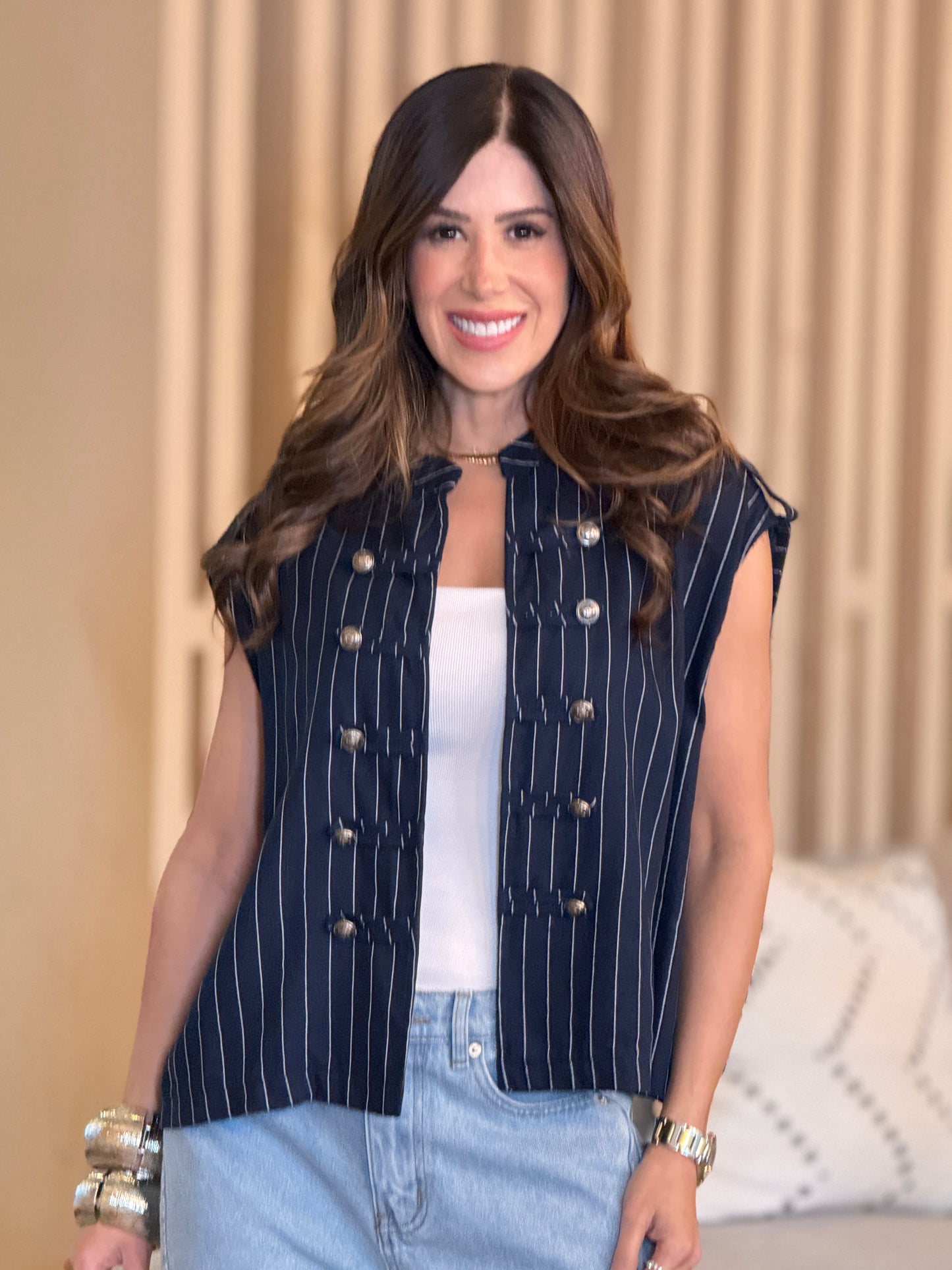 Napoleon Navy Linen Vest Top
