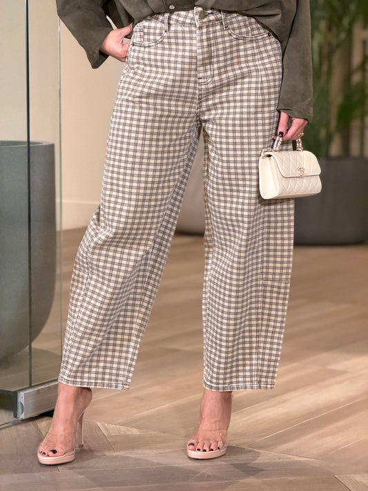 Miou Brown Vichy Print Barrel Pants