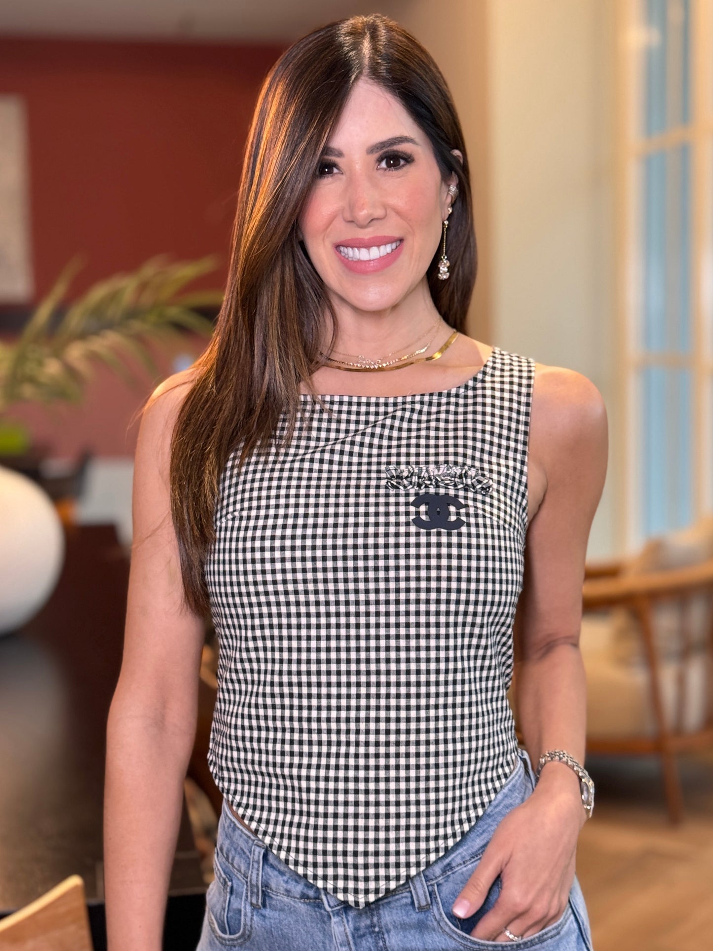 Cece Black&White Plaid Top