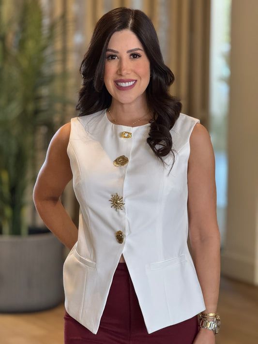 Soleil White Gold Buttons Vest Top