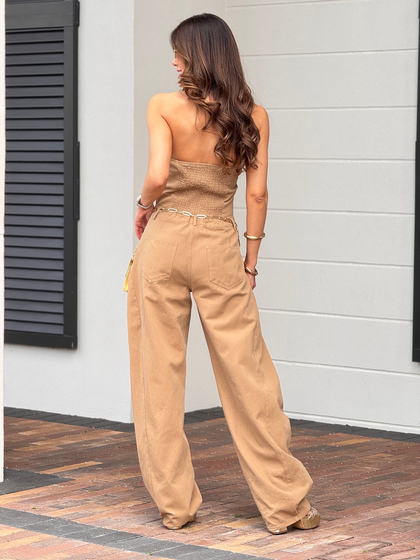 Cherry Brown Halter Denim Jumpsuit