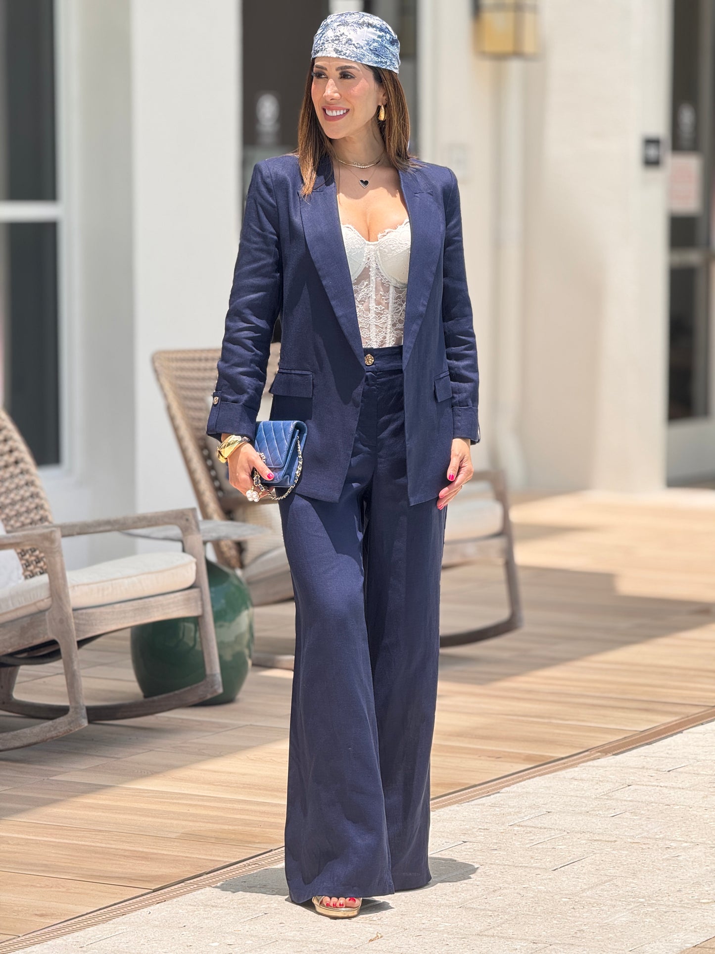 Ovianca Navy Linen Blazer Set