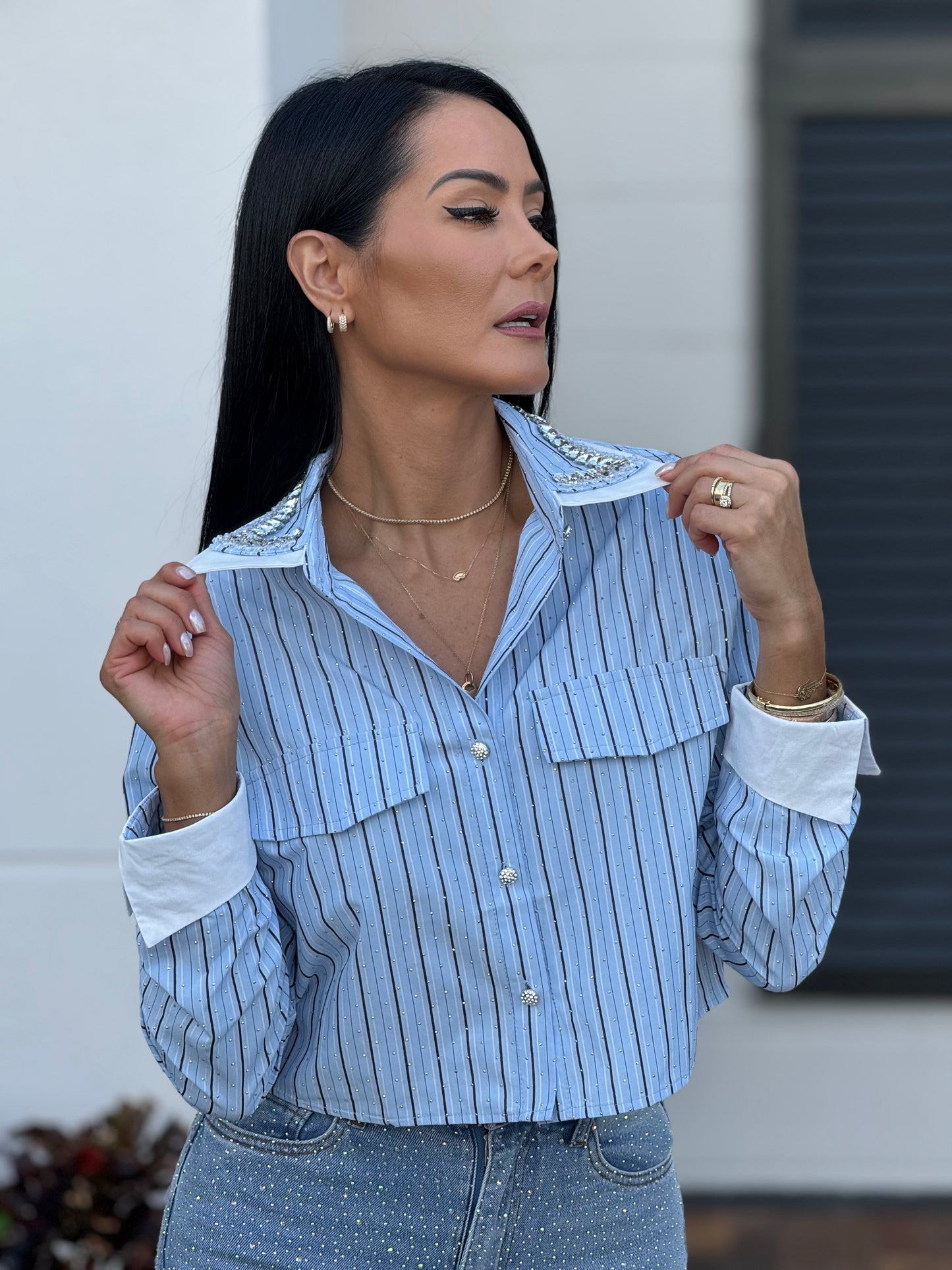 Norkys Blue Lines Rhinestone Collar Shirt