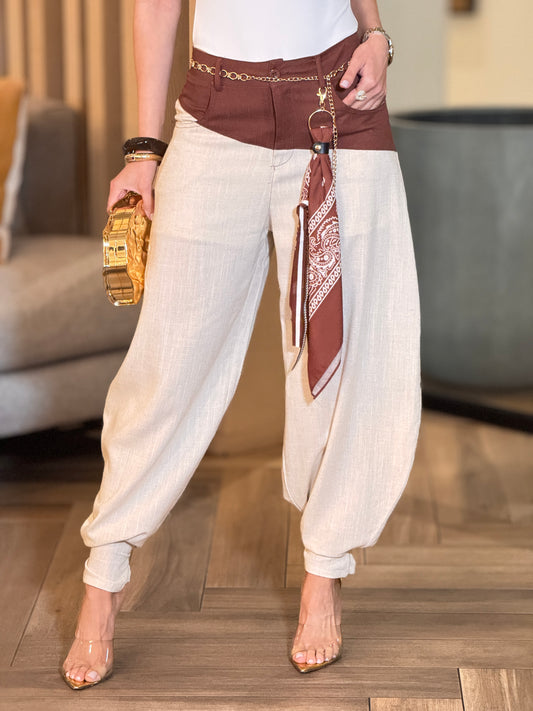 Lizzie Brown/Beige Barrel Linen Pants