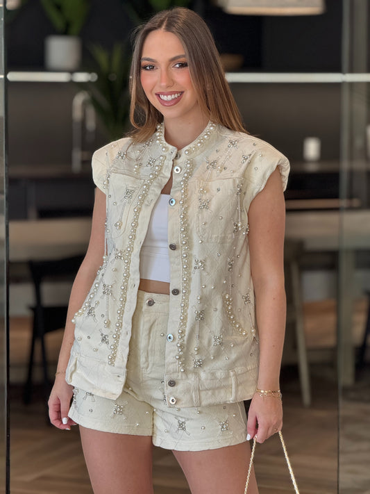 Moonlight White Pearls Vest+Short Set