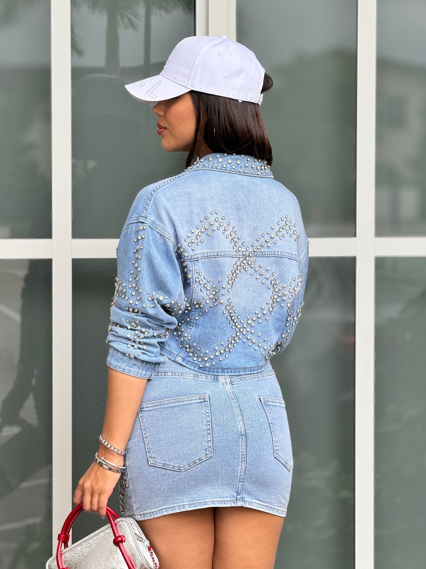 Aimee Denim Rhinestone Jacket+Skirt Set