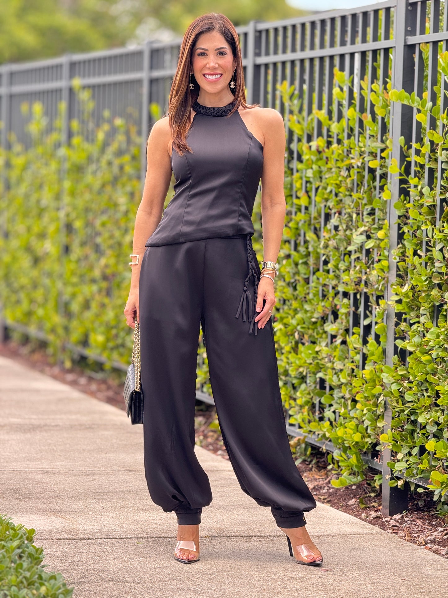 Elisa Black Satin Braids Halter Set