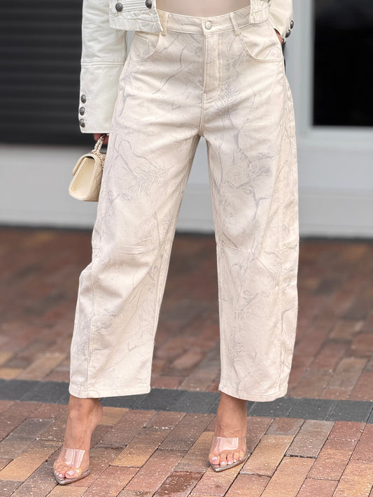 Graph Ivory/Gray Print Barrel Jeans