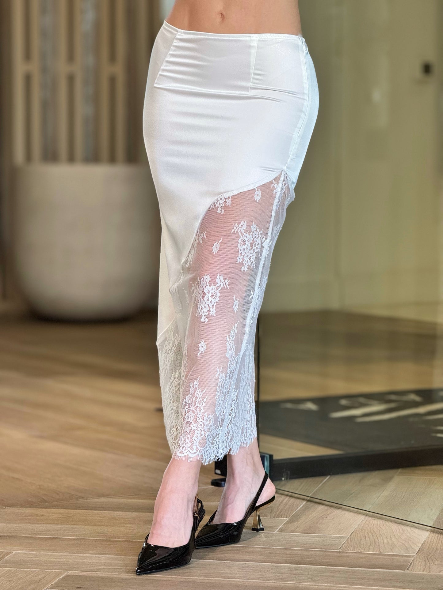 Sharon White Lace Satin Skirt