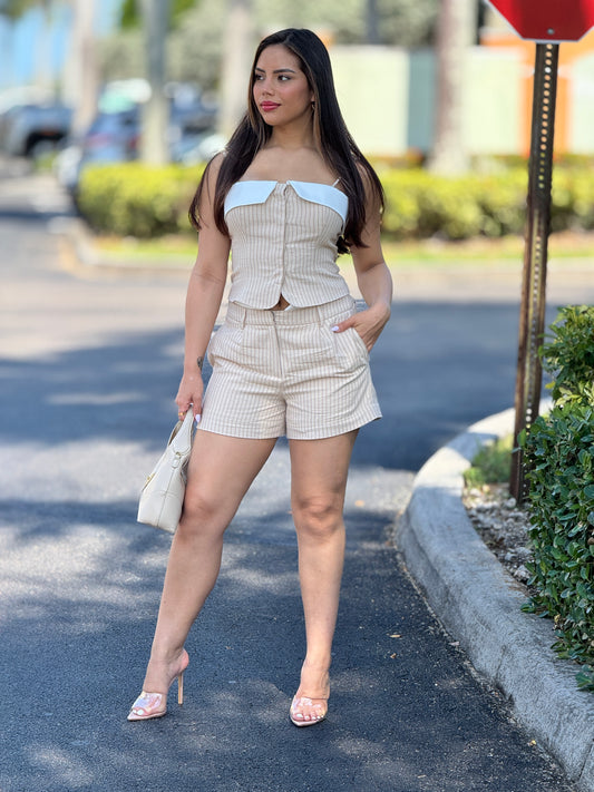 Katrina Beige Lines Short Set