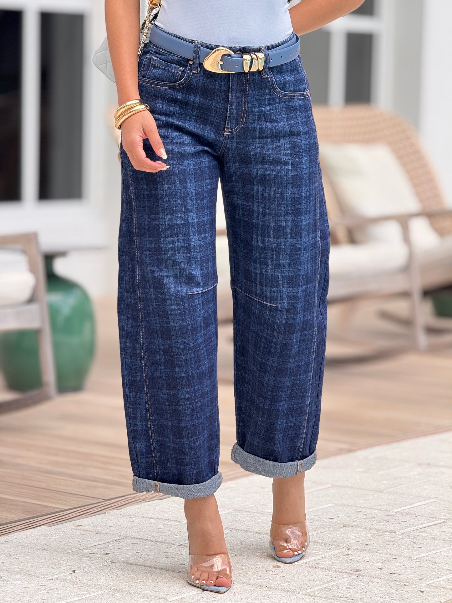 Risen Dark Denim Plaid Barrel Jeans
