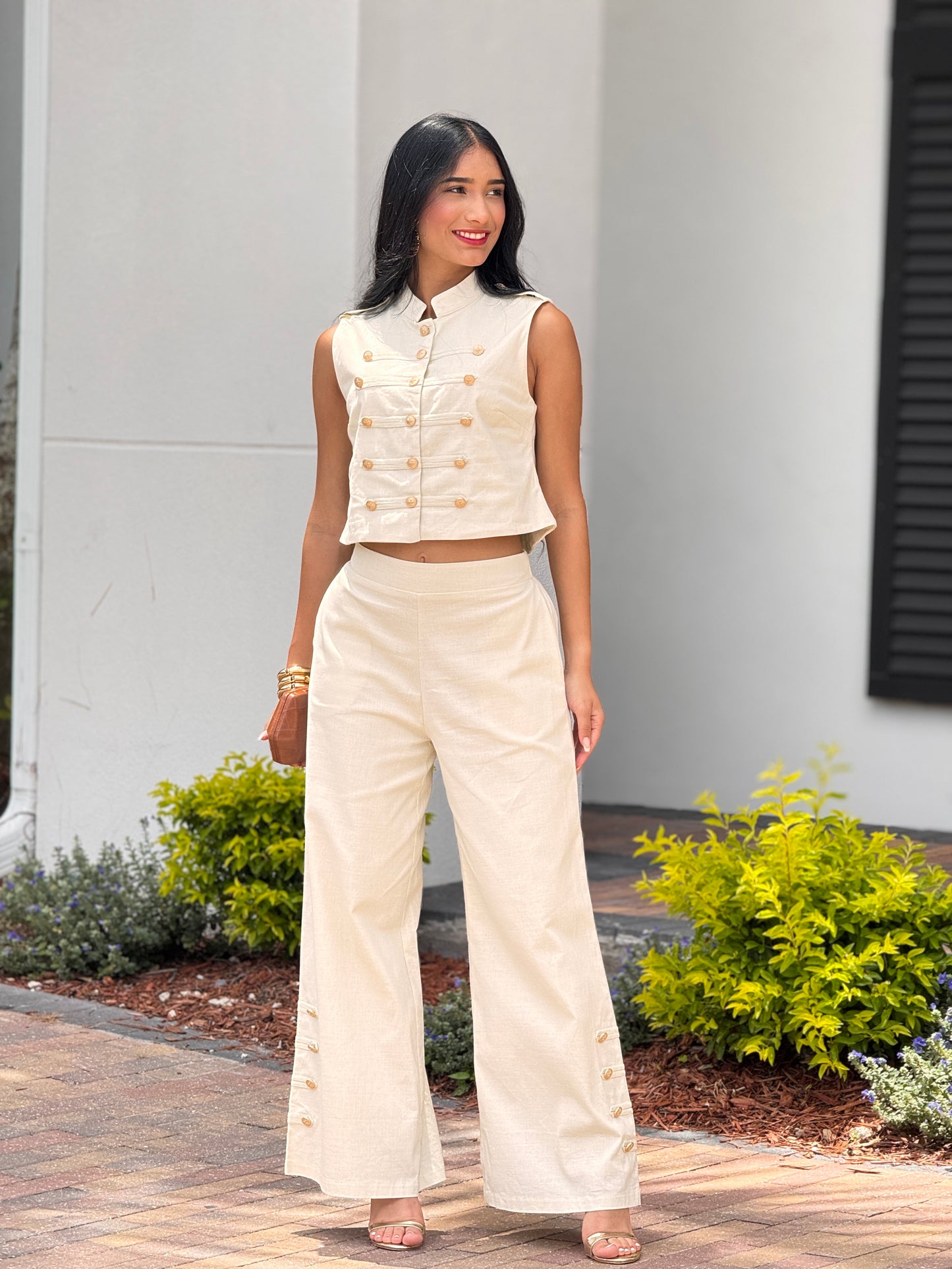 Creta Ivory Linen Studs Vest Set