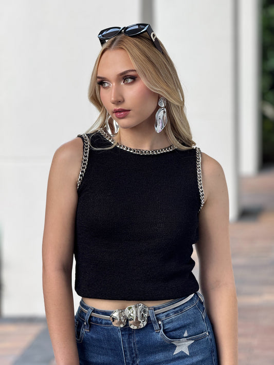 Fifty Black Silver Chain Knitted Top