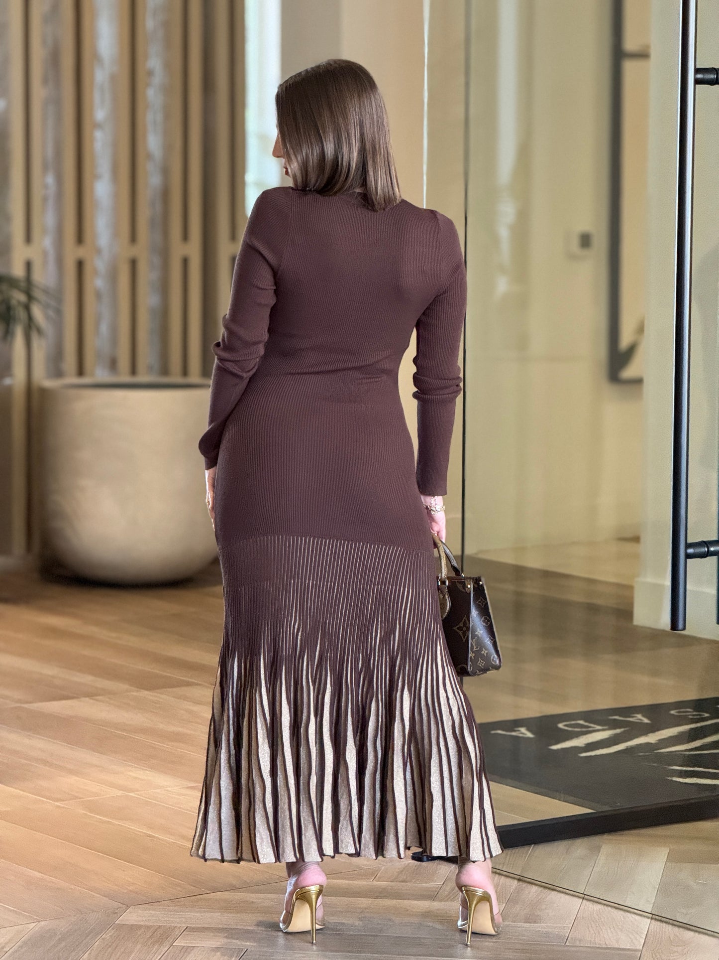 Genova Brown Knitted Pleated Dress
