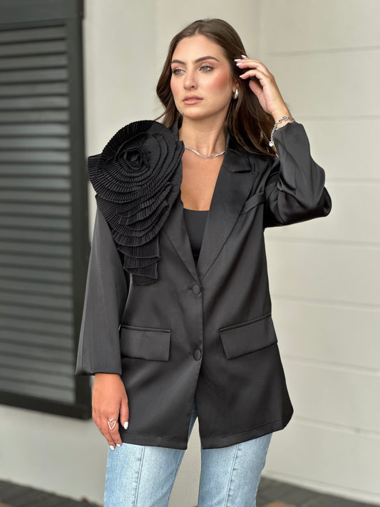 Rose 3D Flower Black Satin Blazer