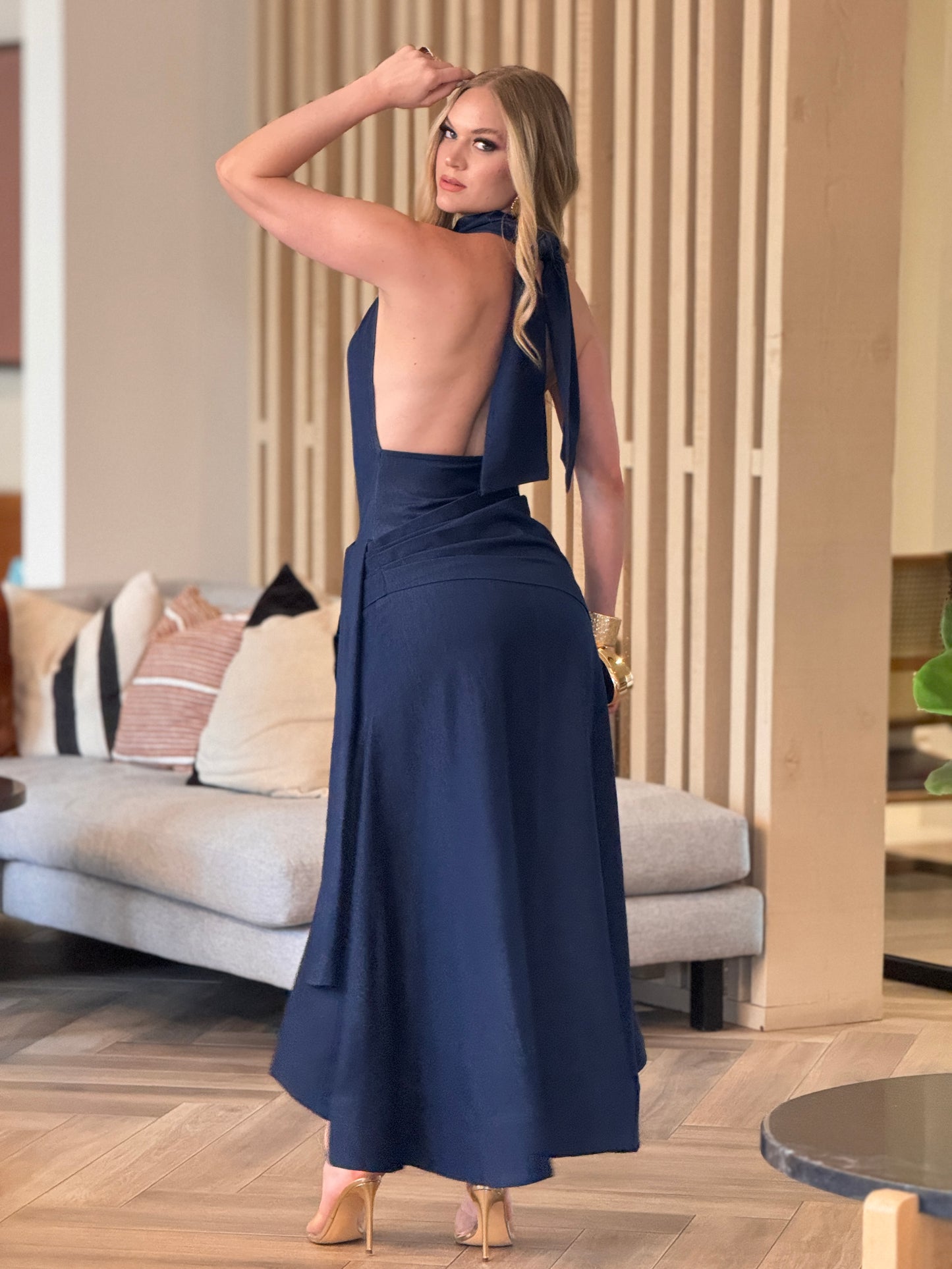 Perky Denim Halter Maxi Dress