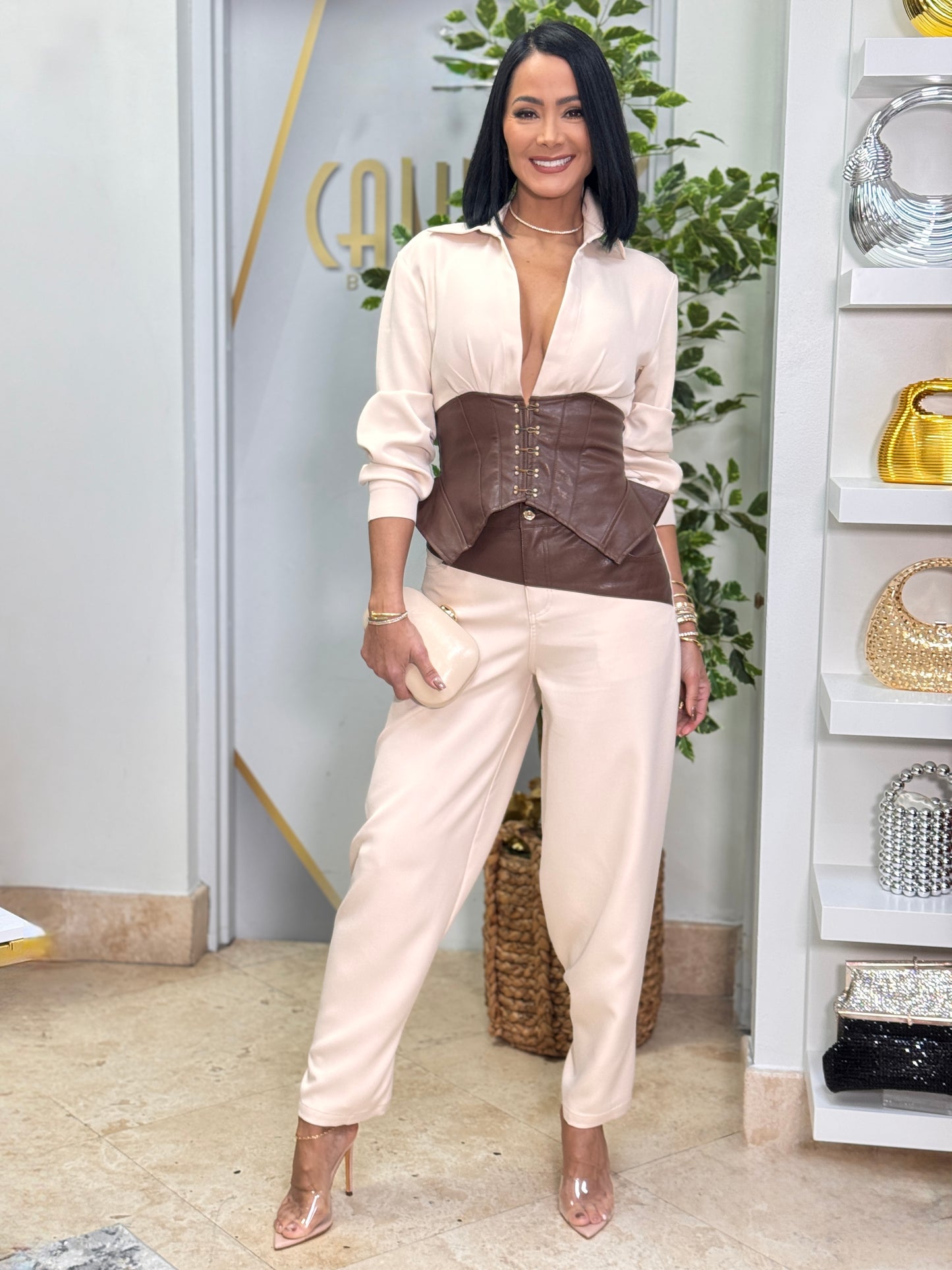 Gaia Beige/Brown Leather Peplum Set