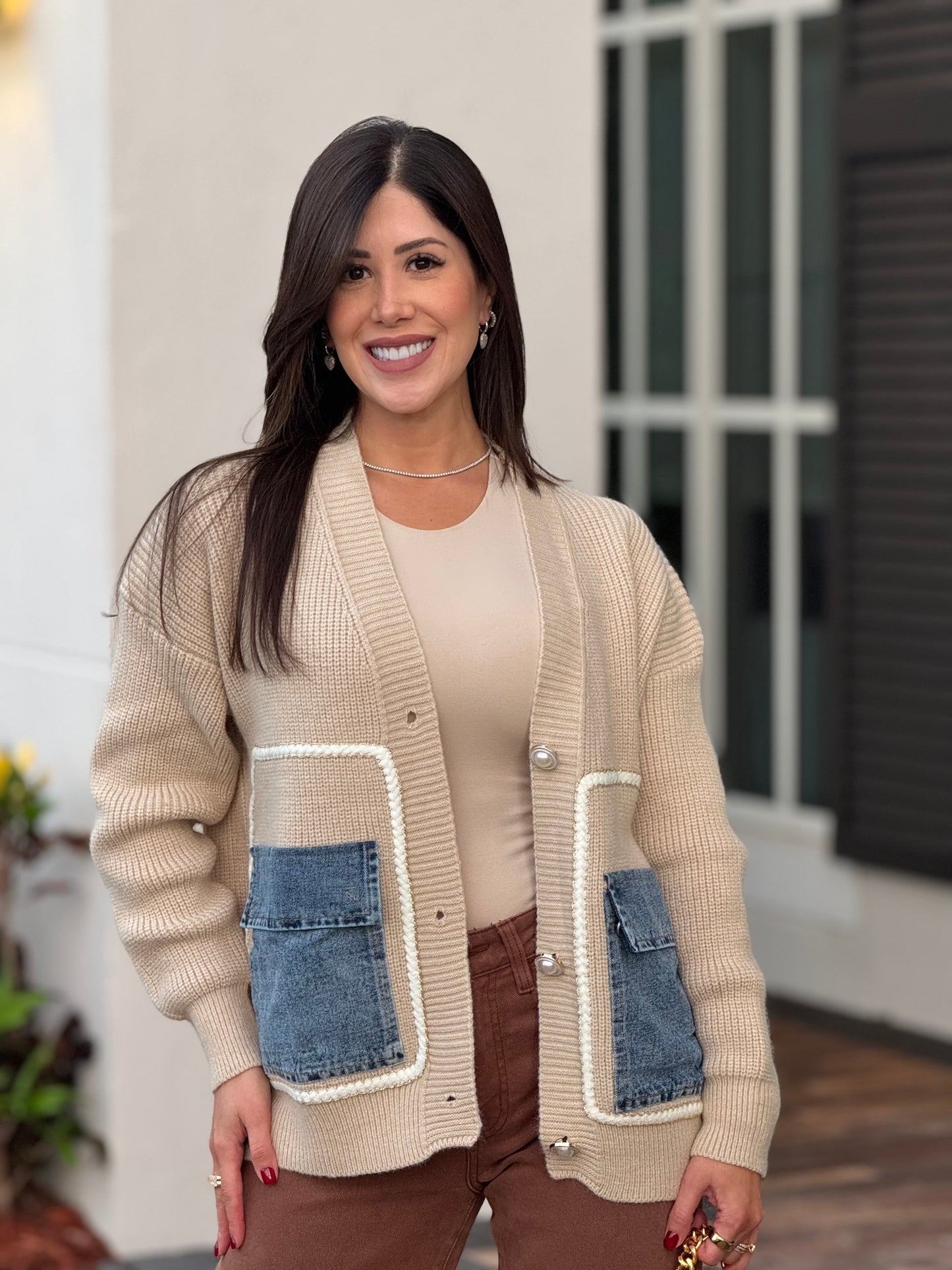 Angelica Beige Pearls Knitted Cardigan Top